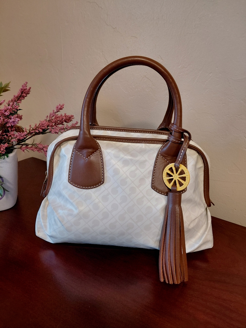 Gherardini Satchel Bag featuring a "G" Monogram Pattern White & Brown - Picture 2 of 12